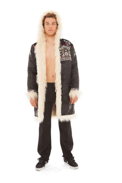 Reversible Black Brocade and Faux Fur Coat by Jackets by