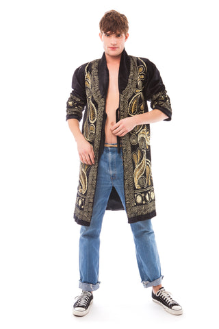 Men's Black Velvet and Gold Embroidered Robe