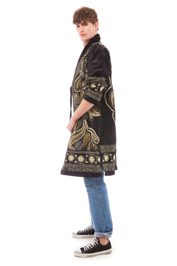 Men's Black Velvet and Gold Embroidered Robe | Festivalia