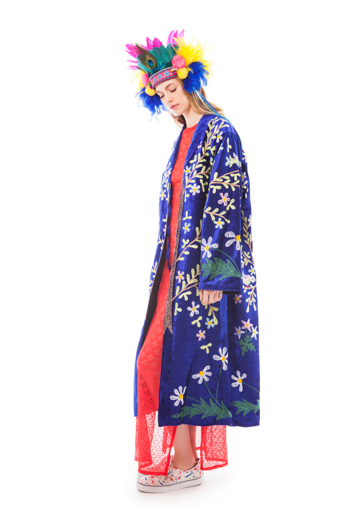 Royal Blue Velvet and Multi-Colour Embroidered Robe | Festivalia