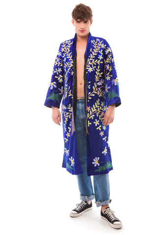 Men's Royal Blue Velvet and Multi-Colour Embroidered Robe