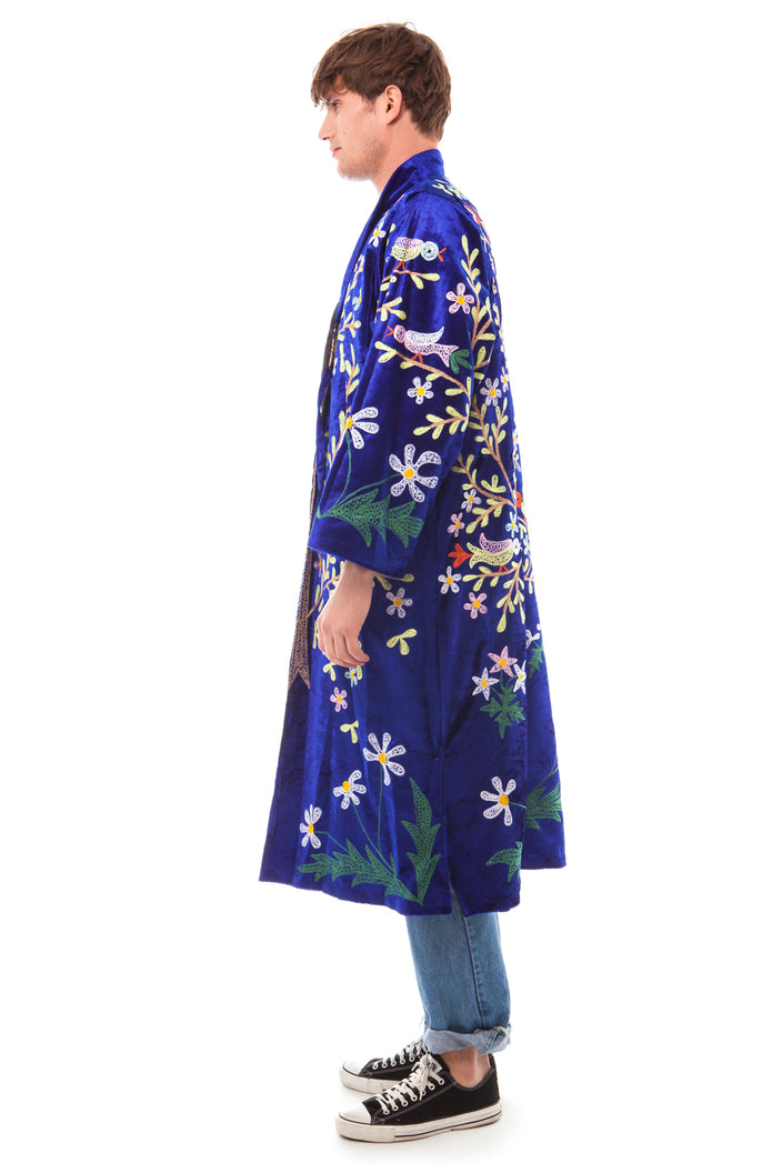 Men's Royal Blue Velvet and Multi-Colour Embroidered Robe | Festivalia