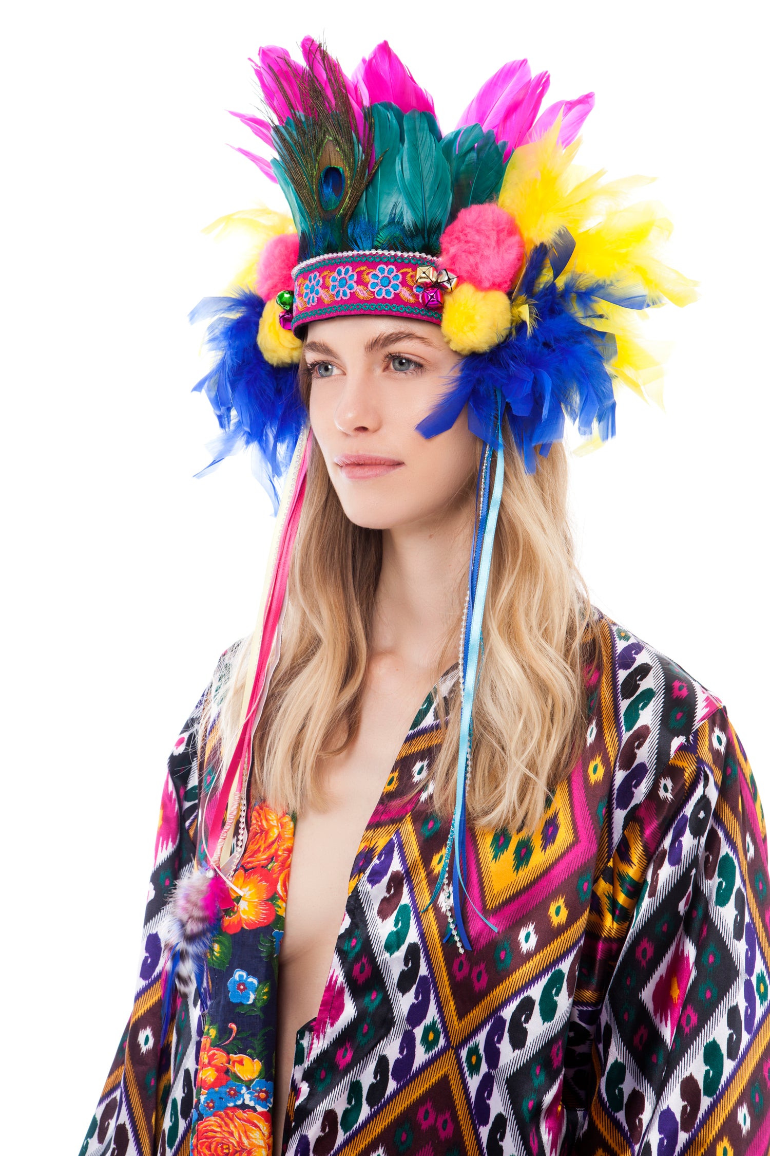 Peacock Feather Headpiece with Pompoms | Festivalia
