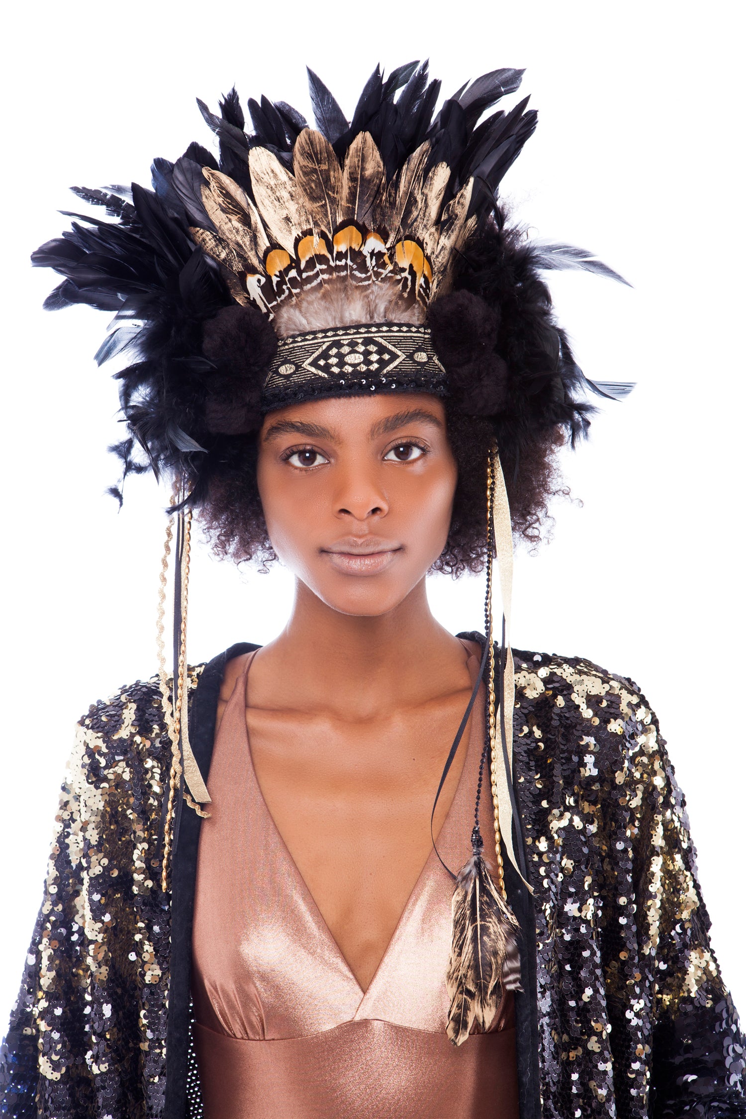 Black and Gold Feather Headpiece with Pompoms | Festivalia
