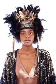 Black and Gold Feather Headpiece with Pompoms | Thumbnail 2