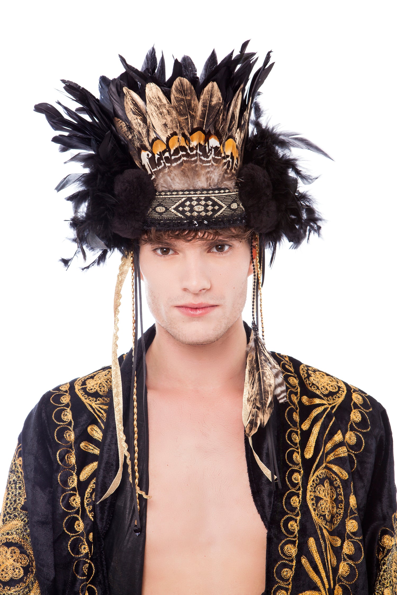 Men's Black and Gold Feather Headpiece with Pompoms | Festivalia