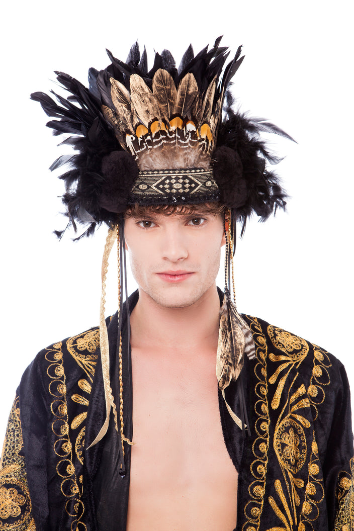Men's Black and Gold Feather Headpiece with Pompoms | Festivalia