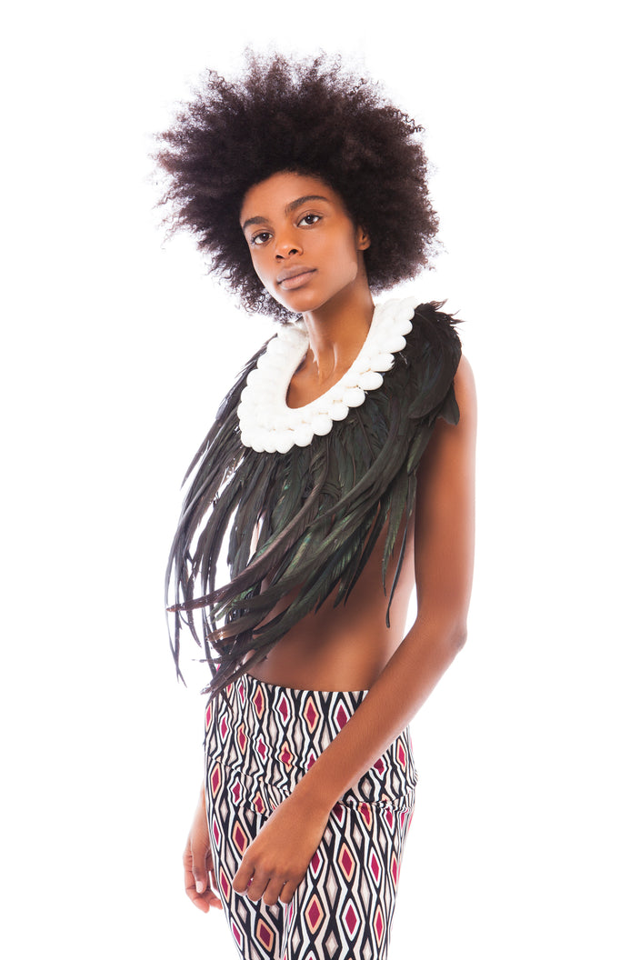 Black Iridescent Feather and White Shell Collar | Festivalia