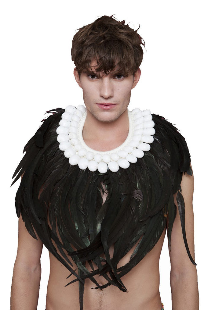 Men's Black Iridescent Feather and White Shell Collar | Festivalia