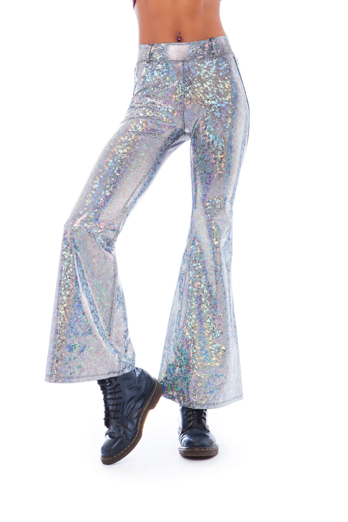 Silver Holographic Flared Trousers | Festivalia