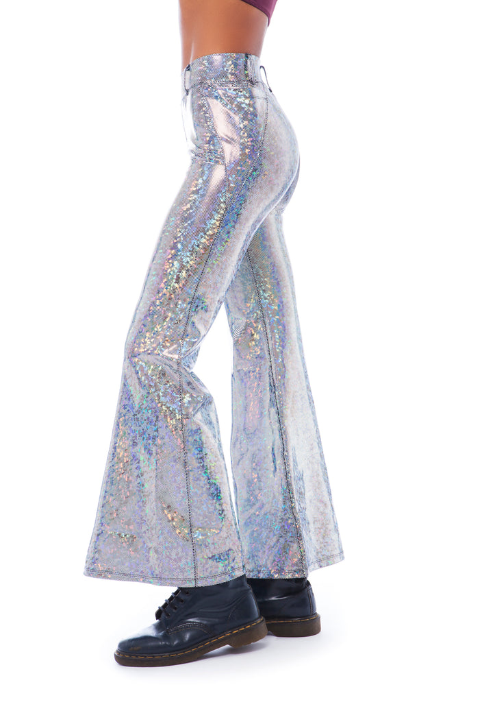 Silver Holographic Flared Trousers | Festivalia