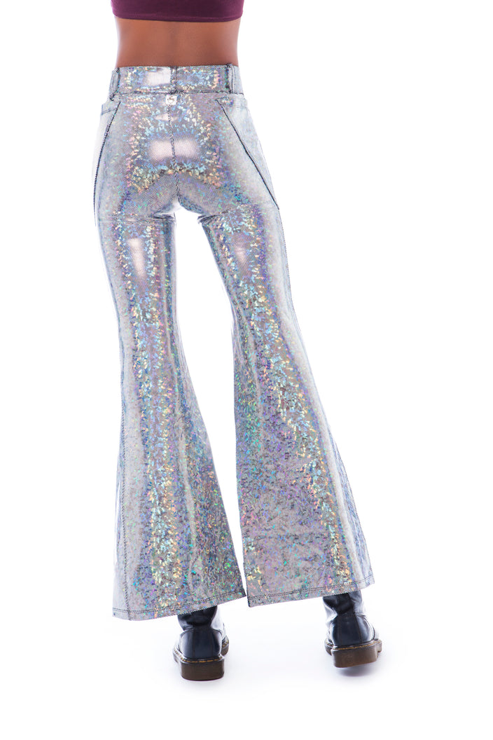 Silver Holographic Flared Trousers | Festivalia