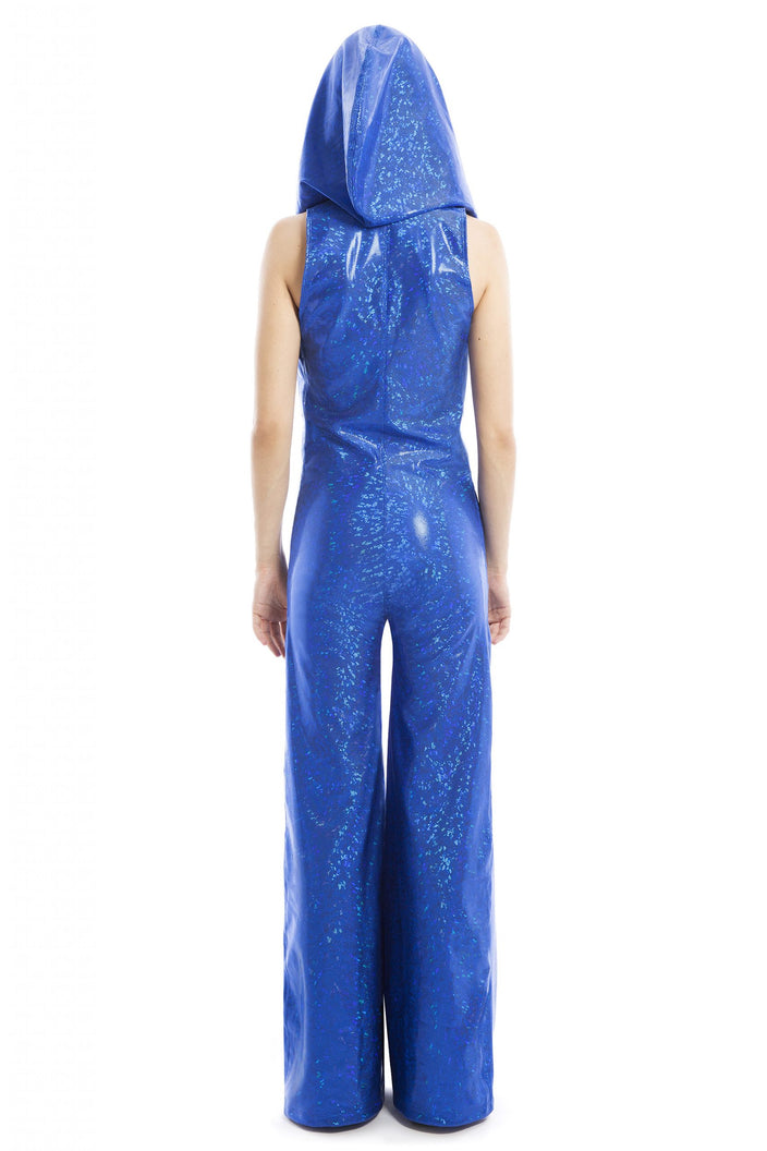 Blue Holographic Hooded Jumpsuit with Bandeau Top | Festivalia