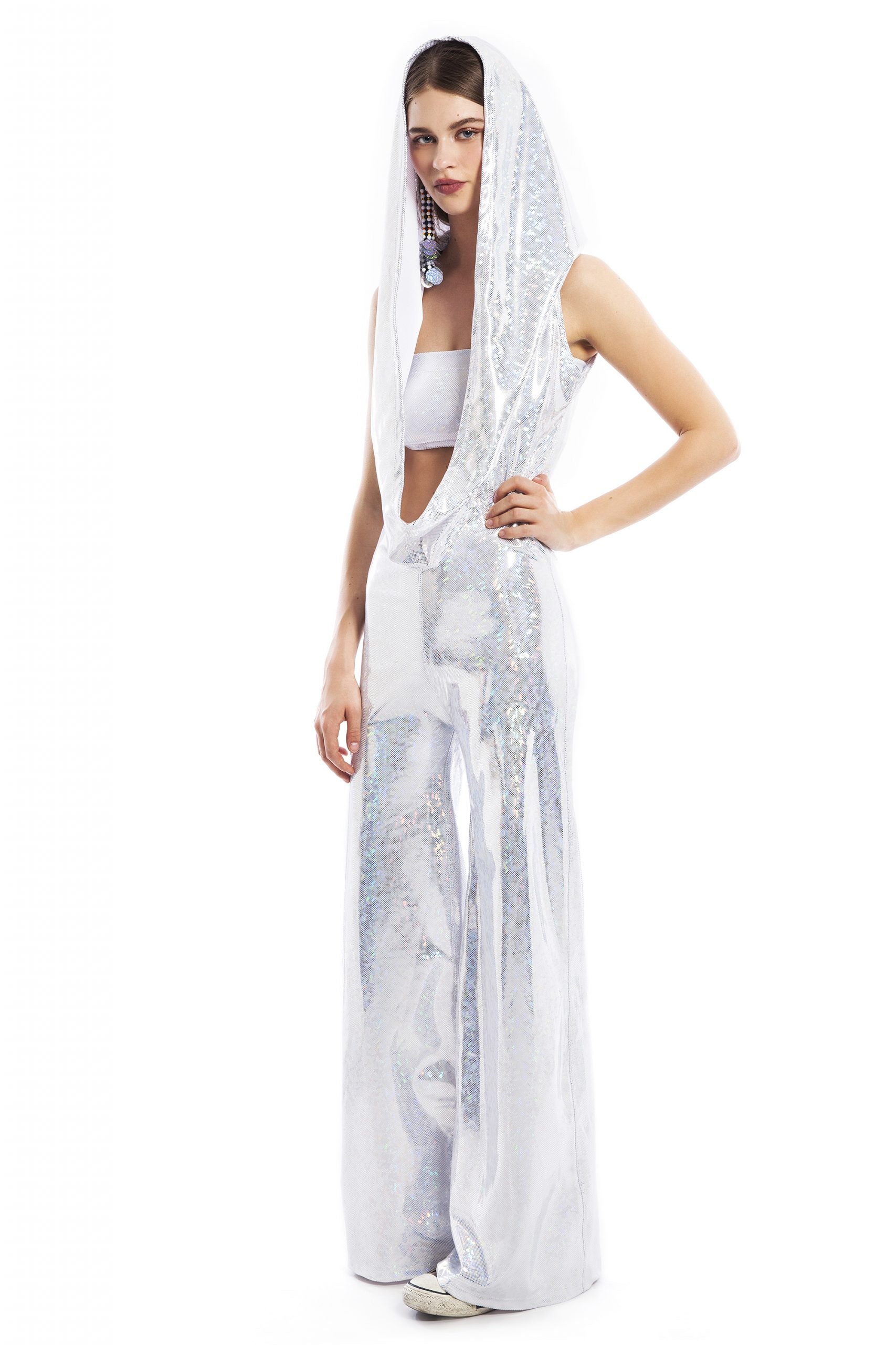 White Holographic Hooded Jumpsuit with Bandeau Top | Festivalia