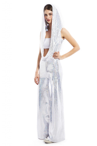 White Holographic Hooded Jumpsuit with Bandeau Top