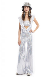 White Holographic Hooded Jumpsuit with Bandeau Top | Thumbnail 2