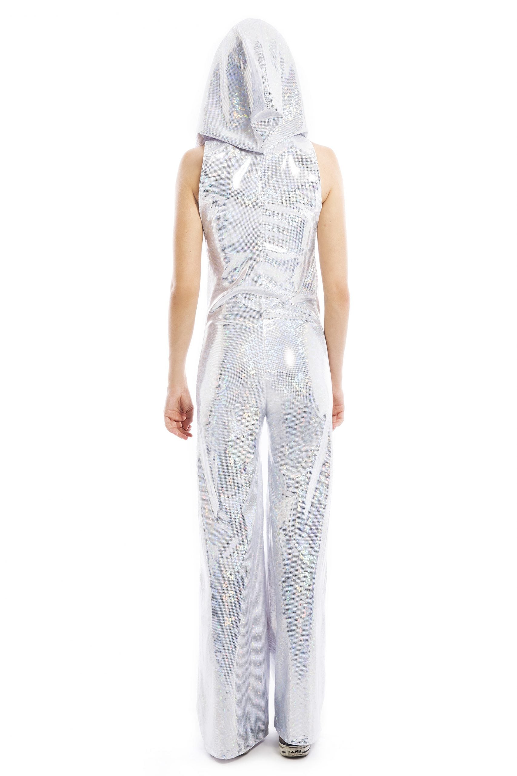 White Holographic Hooded Jumpsuit with Bandeau Top | Festivalia