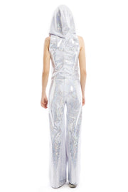 White Holographic Hooded Jumpsuit with Bandeau Top | Thumbnail 3
