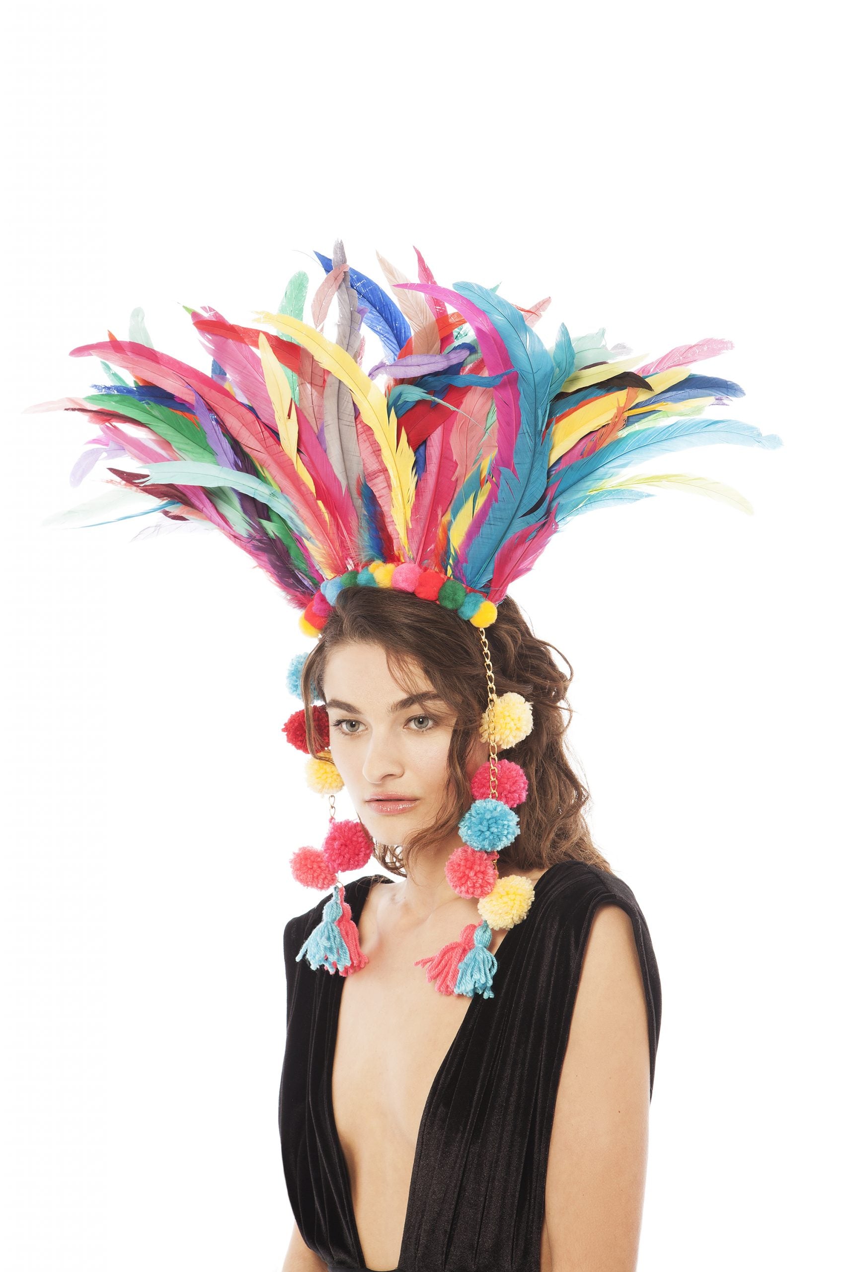 Multi-Coloured Feather and Pompom Headpiece