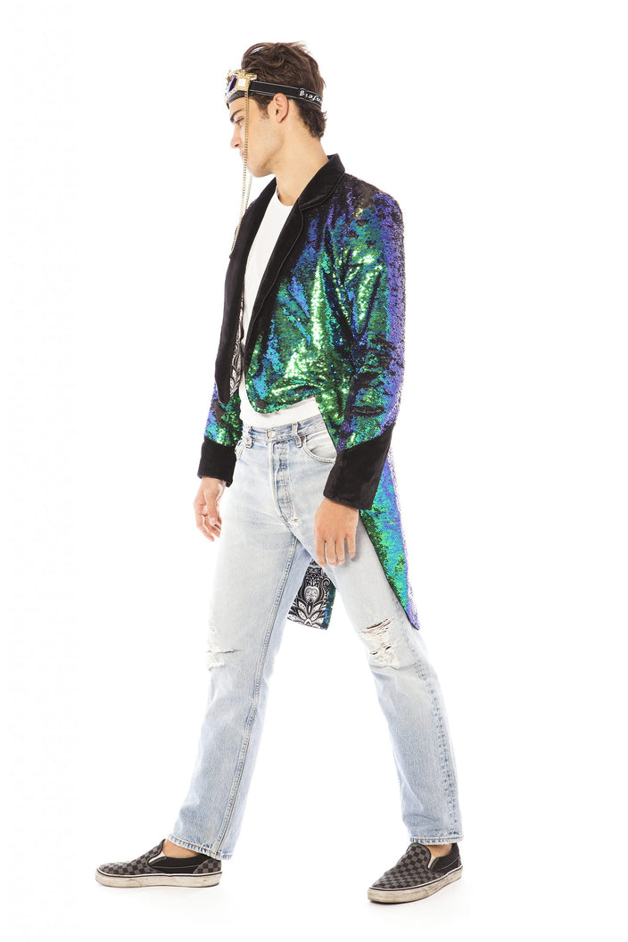 Men's Deep Sea Green Sequin Tailcoat | Festivalia