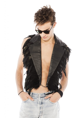 Men's Black Feather & Leather Lapels