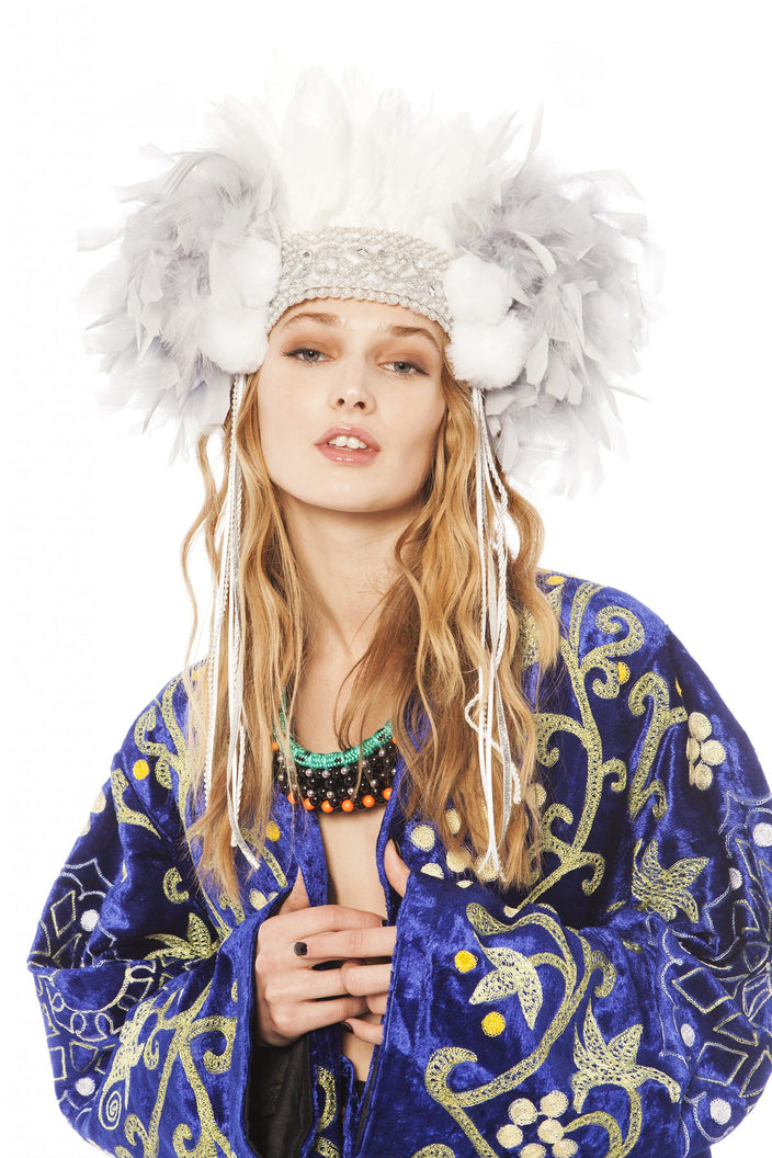 White and Grey Feather Headpiece with Pompoms and Pearl Detail | Festivalia