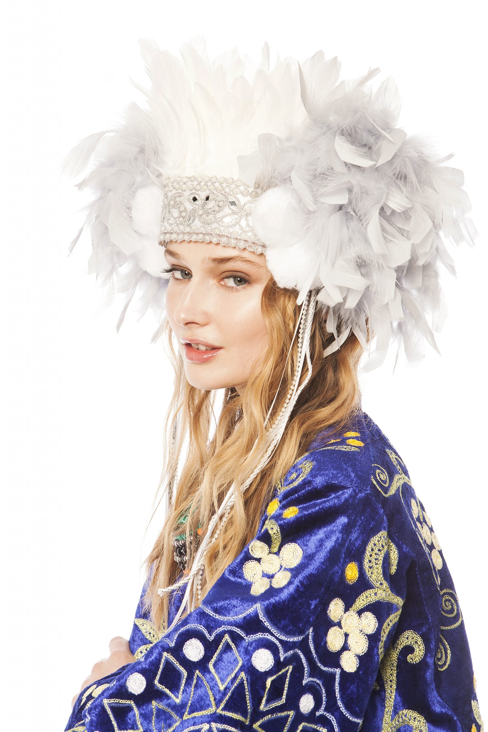 White and Grey Feather Headpiece with Pompoms and Pearl Detail | Festivalia