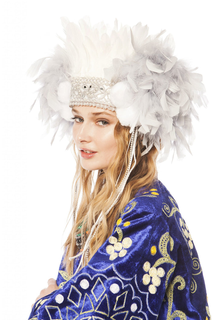 White and Grey Feather Headpiece with Pompoms and Pearl Detail | Festivalia