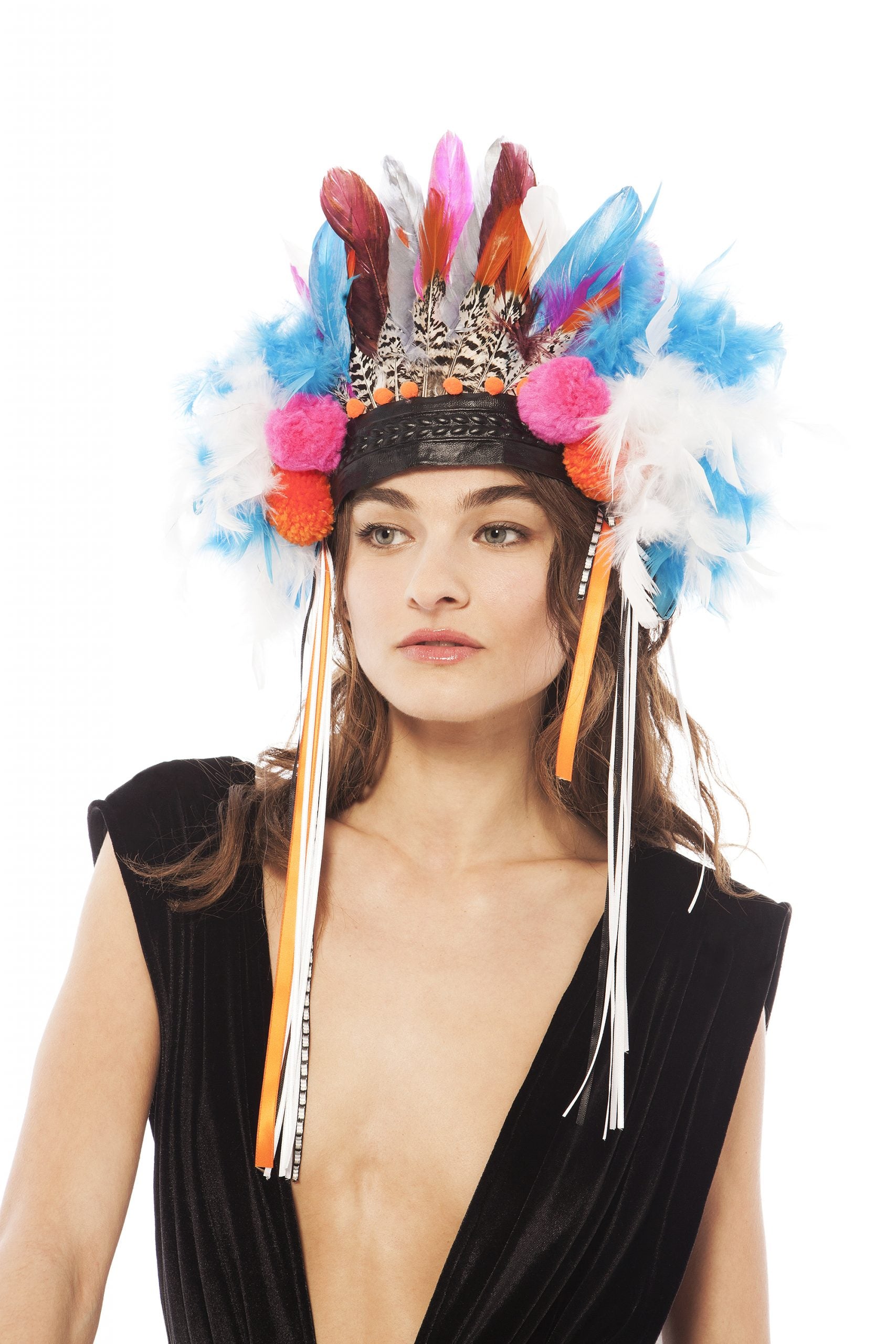 Multi-Colour Feather Headpiece with Pompoms | Festivalia