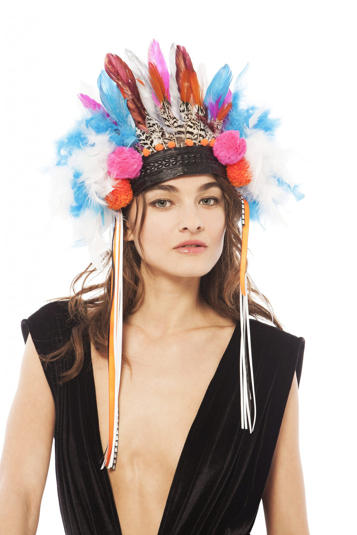 Multi-Colour Feather Headpiece with Pompoms | Festivalia