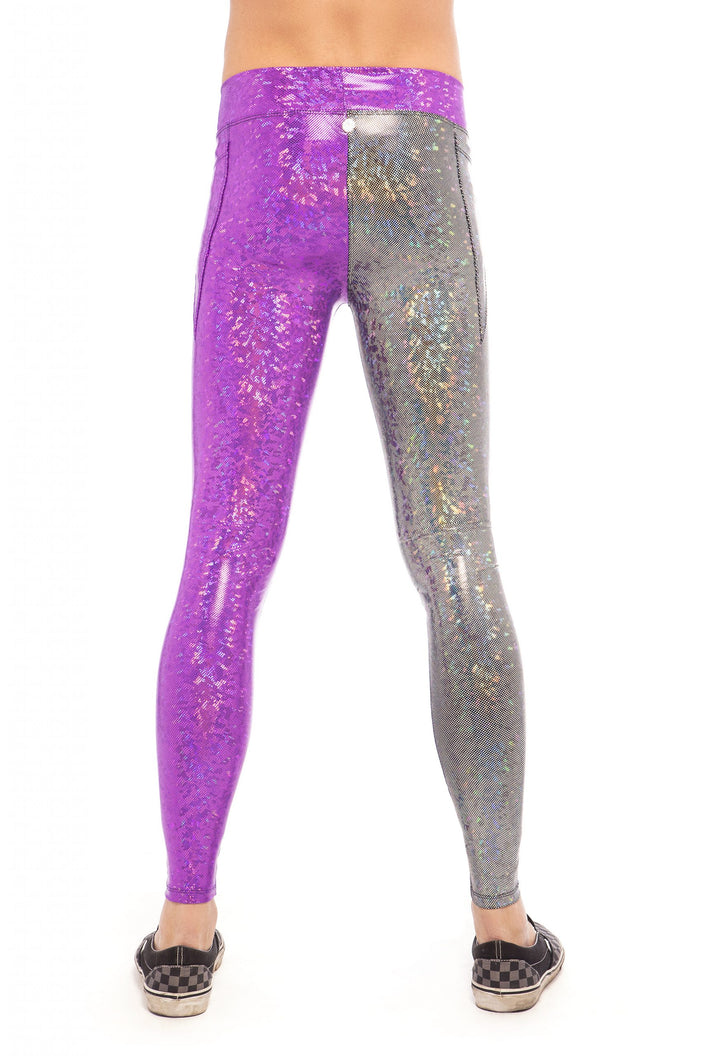 Silver & Purple Holographic Men's Leggings | Festivalia