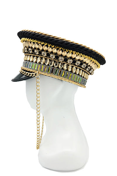 Puksik Black and Gold Embellished Military Style Hat with heart | Festivalia