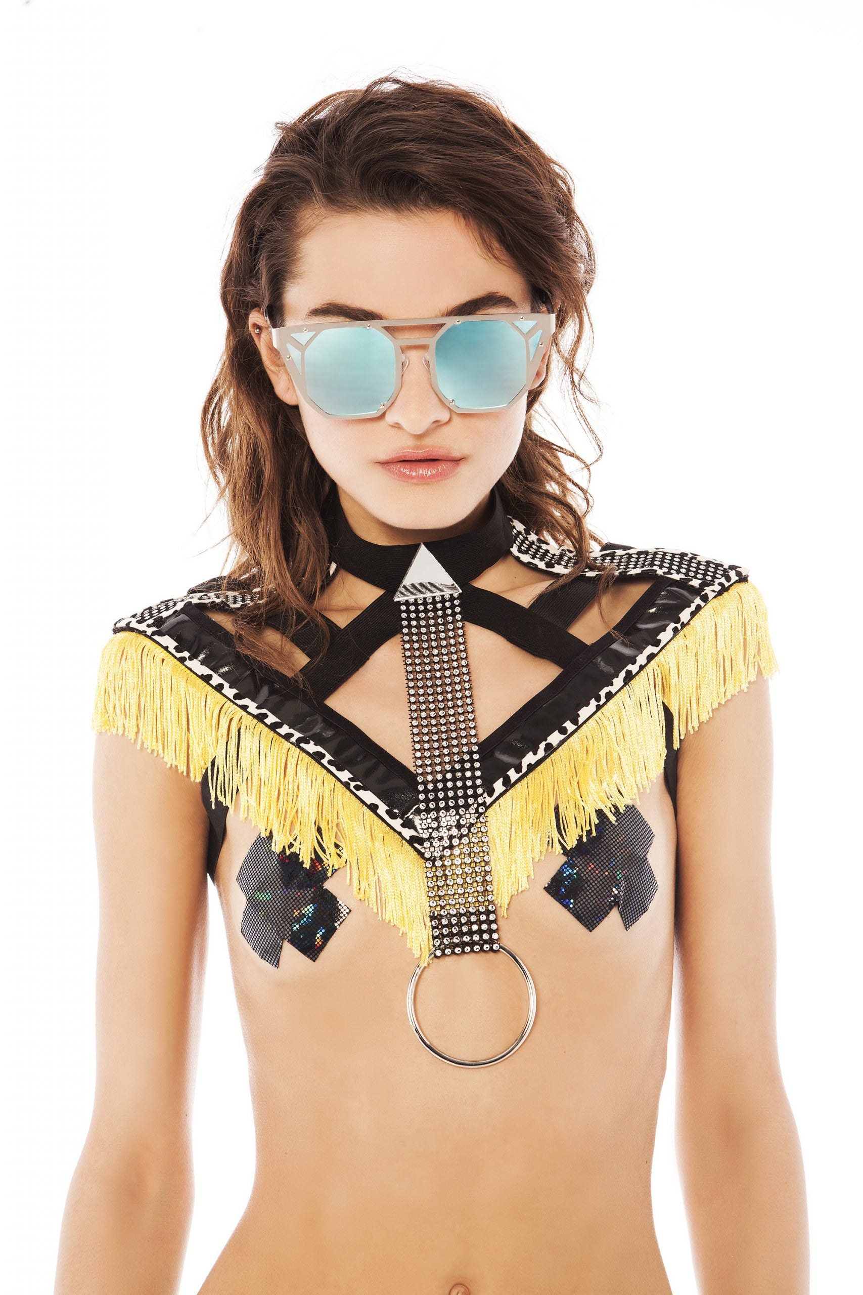 Yellow Fringe and Rhinestone Body Harness | Festivalia