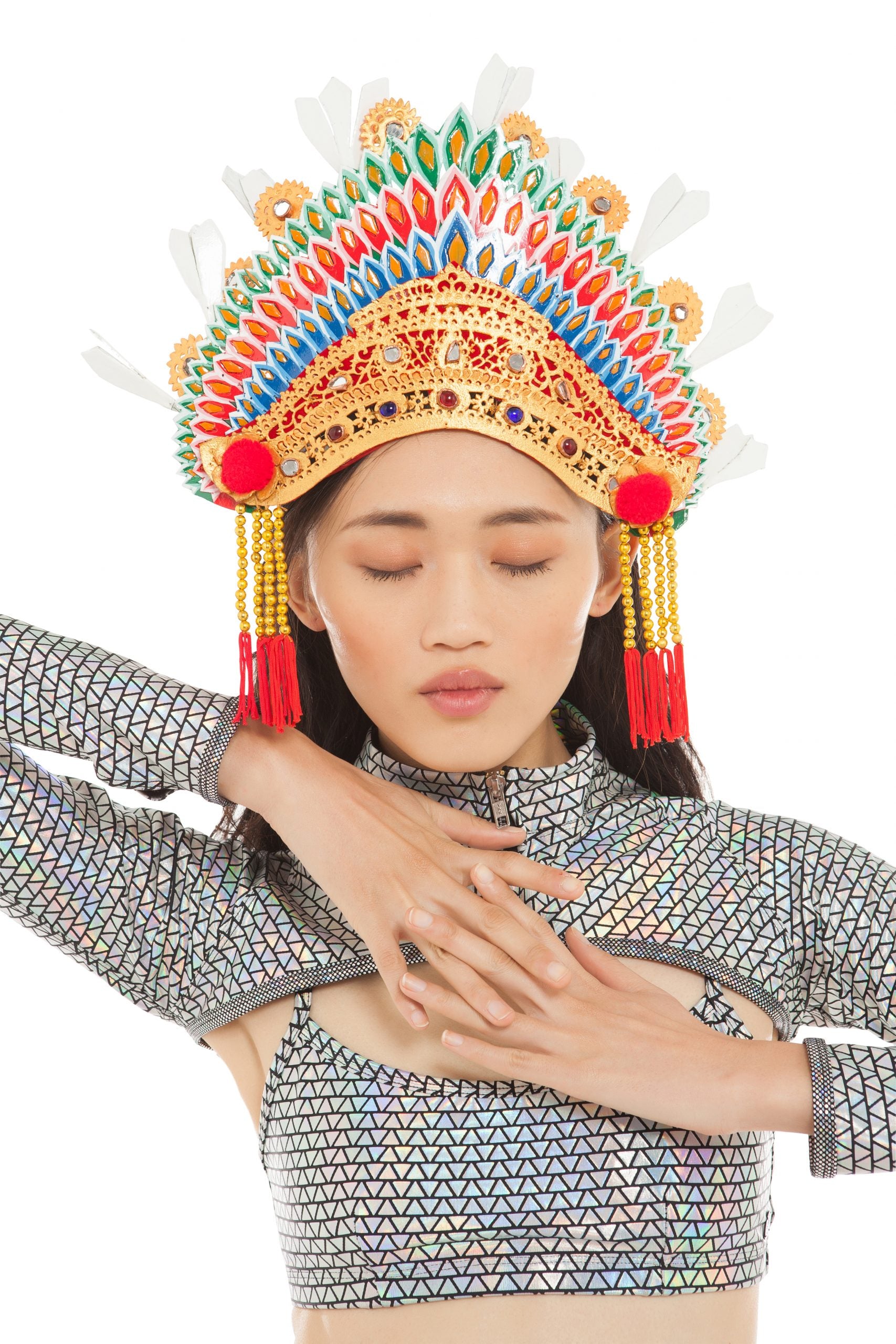 The White Tip Crown with Gold Tassels and Mirror Embellishment | Festivalia