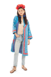 Aqua Blue and Red Cotton Embroidered Robe | Thumbnail 1