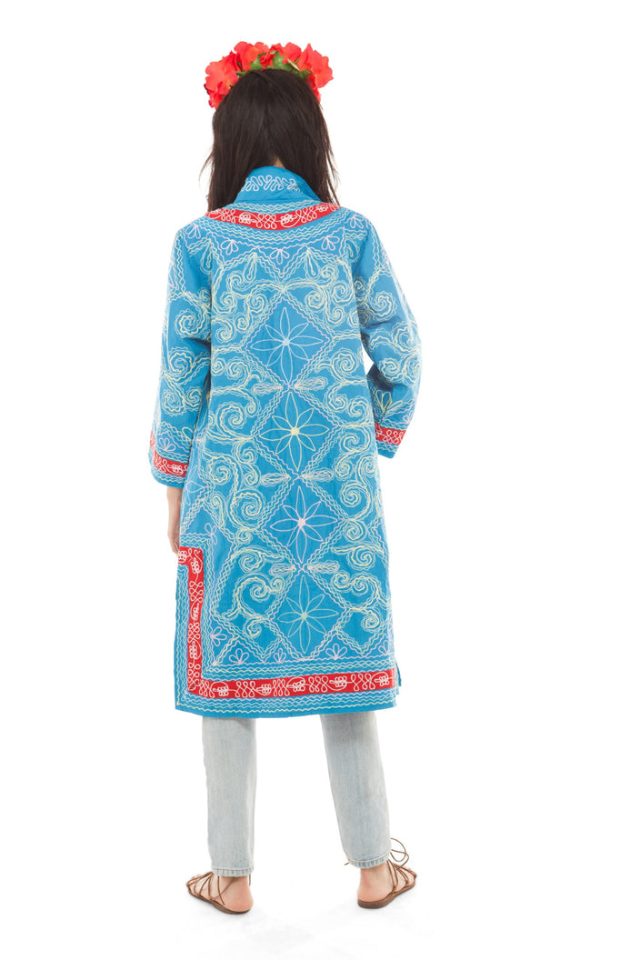 Aqua Blue and Red Cotton Embroidered Robe | Festivalia