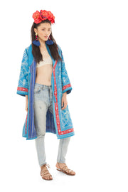 Aqua Blue and Red Cotton Embroidered Robe | Thumbnail 3