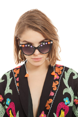 Embellished cat eye sunglasses with tassel sunstrings
