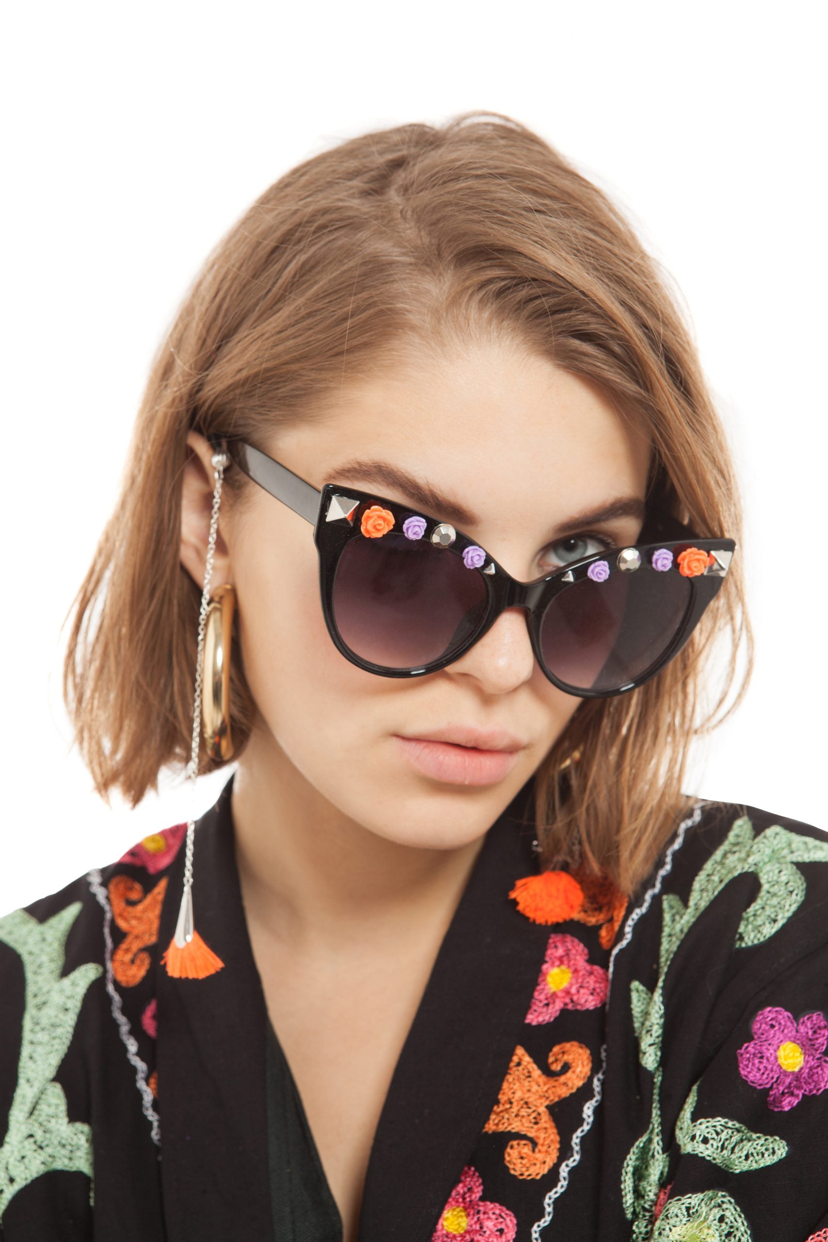 Embellished cat eye sunglasses with tassel sunstrings | Festivalia