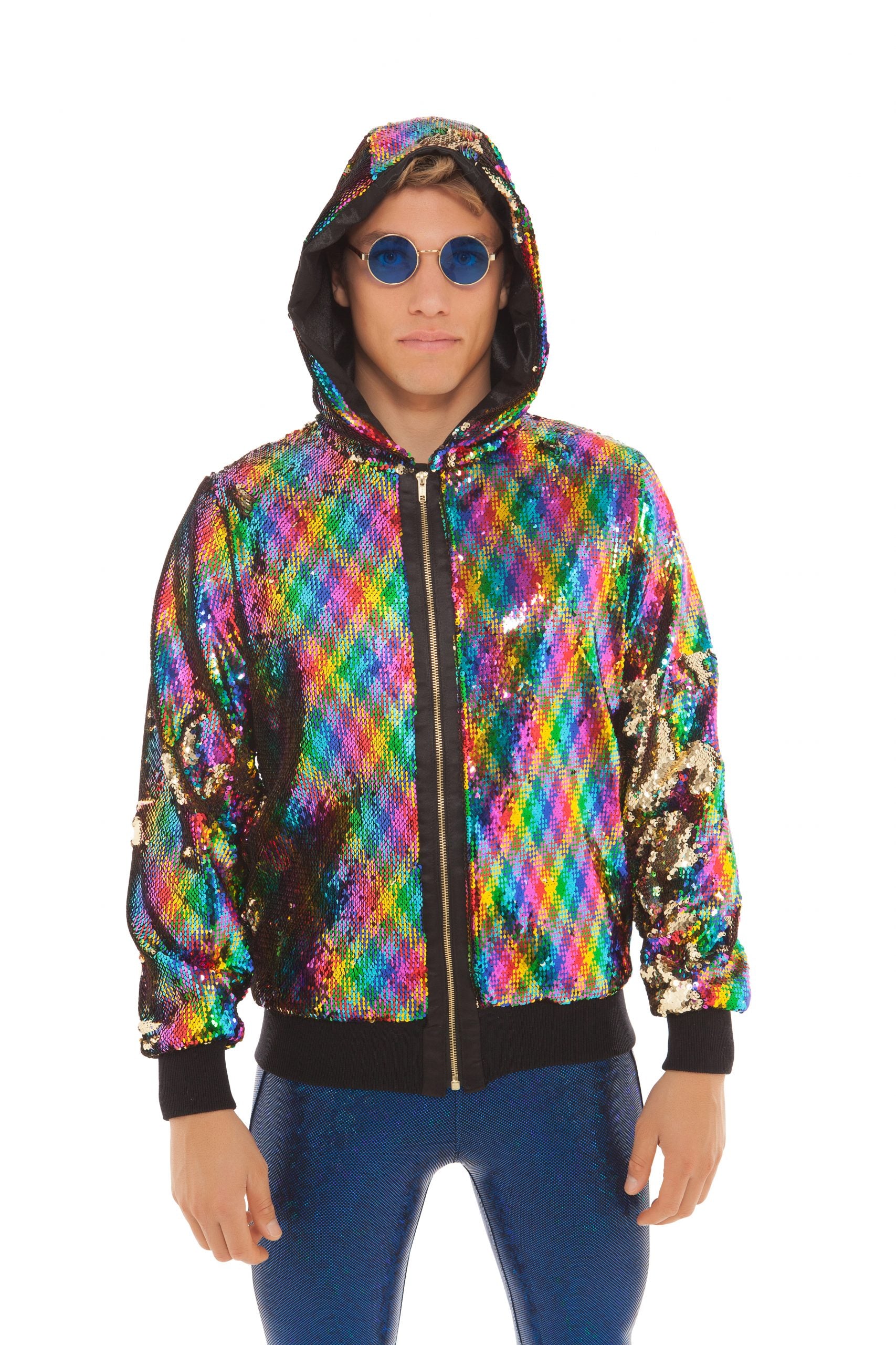 Men's Rainbow Sequin Hooded Bomber | Festivalia