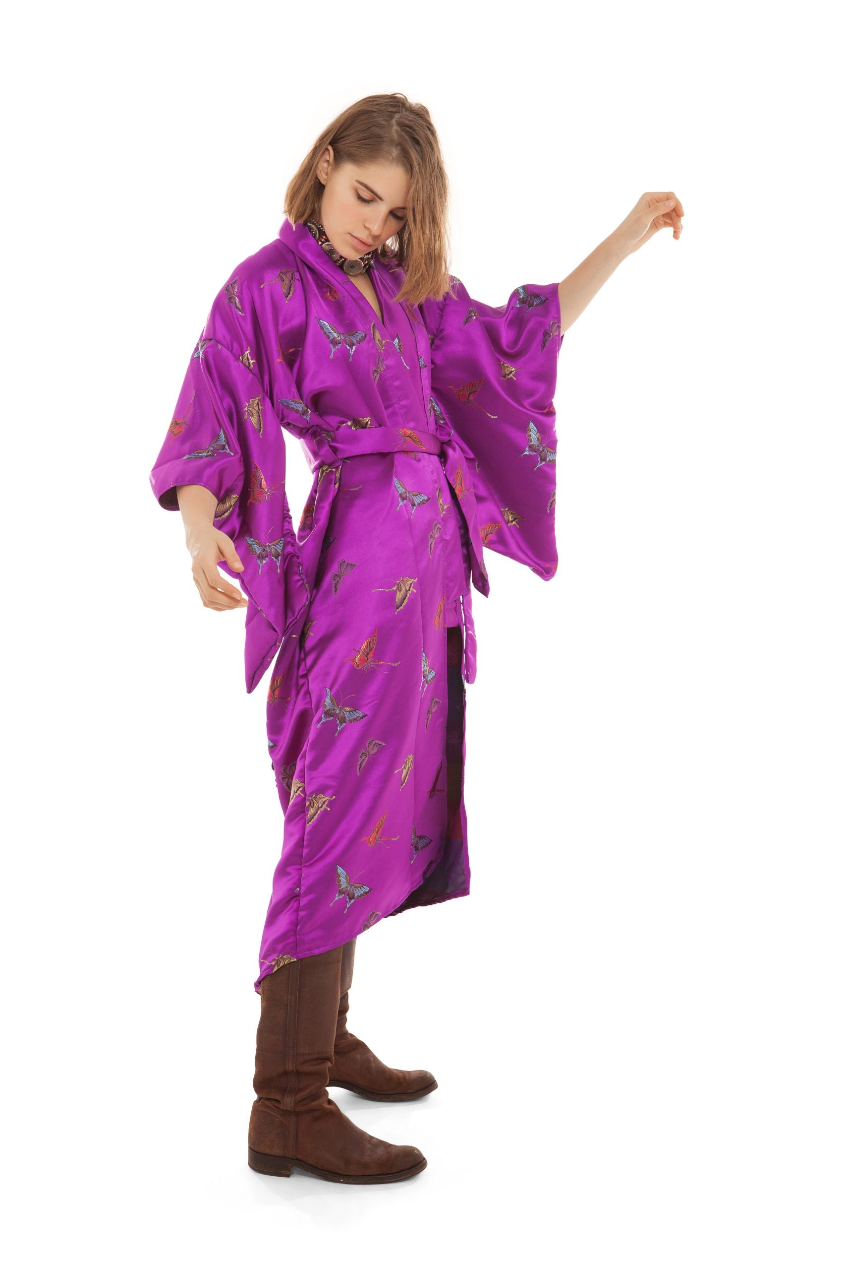 Butterfly Print Fuchsia Silk & Sequin Eye Kimono | Festivalia