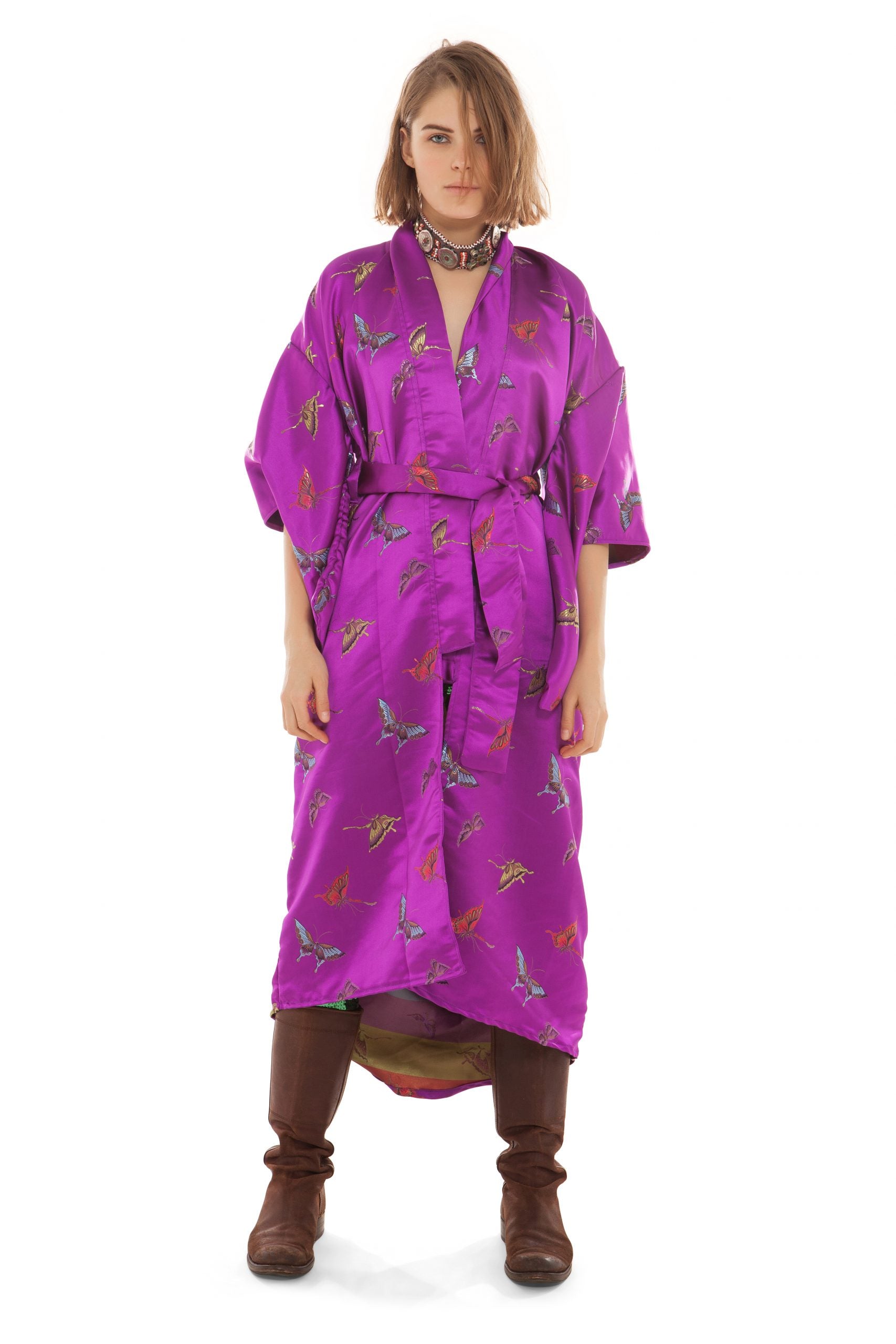 Butterfly Print Fuchsia Silk & Sequin Eye Kimono | Festivalia