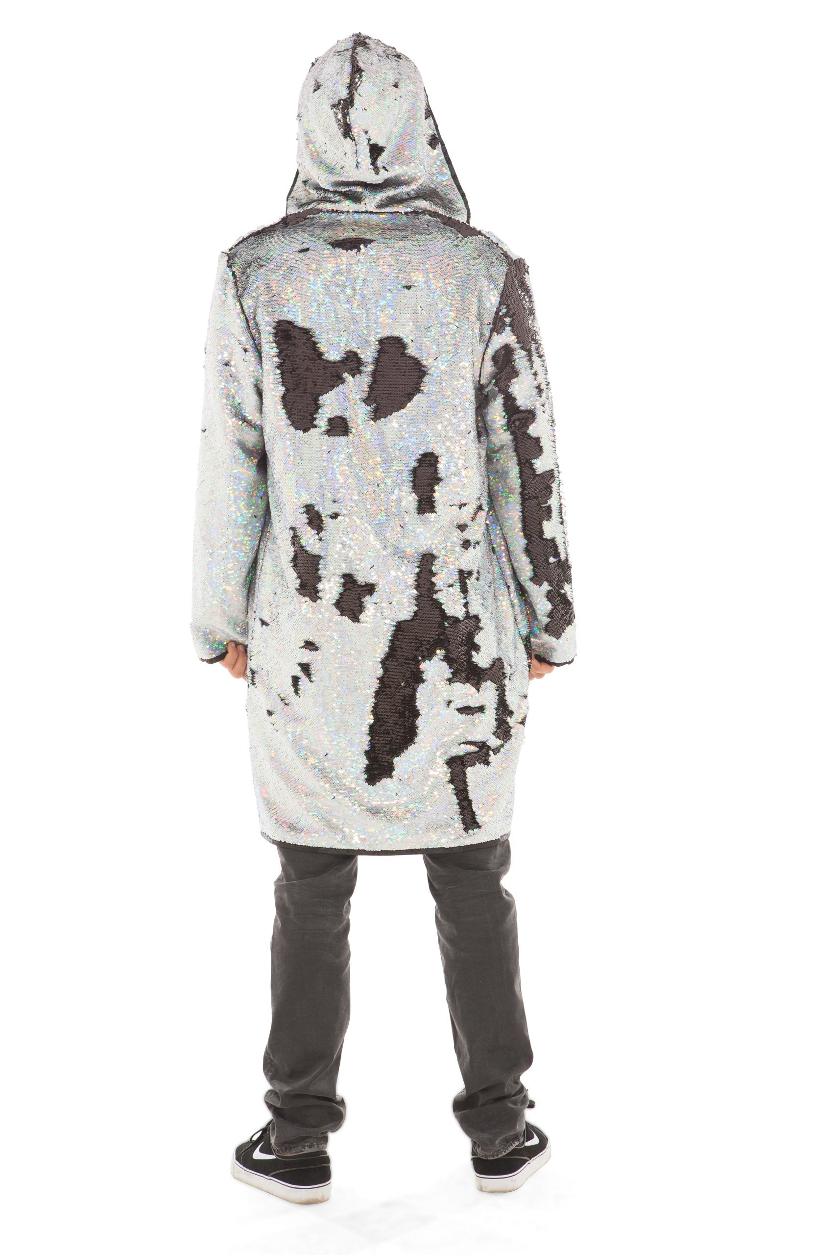 Holographic Silver Sequin Hooded Robe | Festivalia