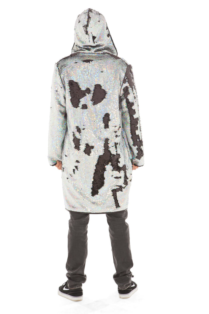 Holographic Silver Sequin Hooded Robe | Festivalia