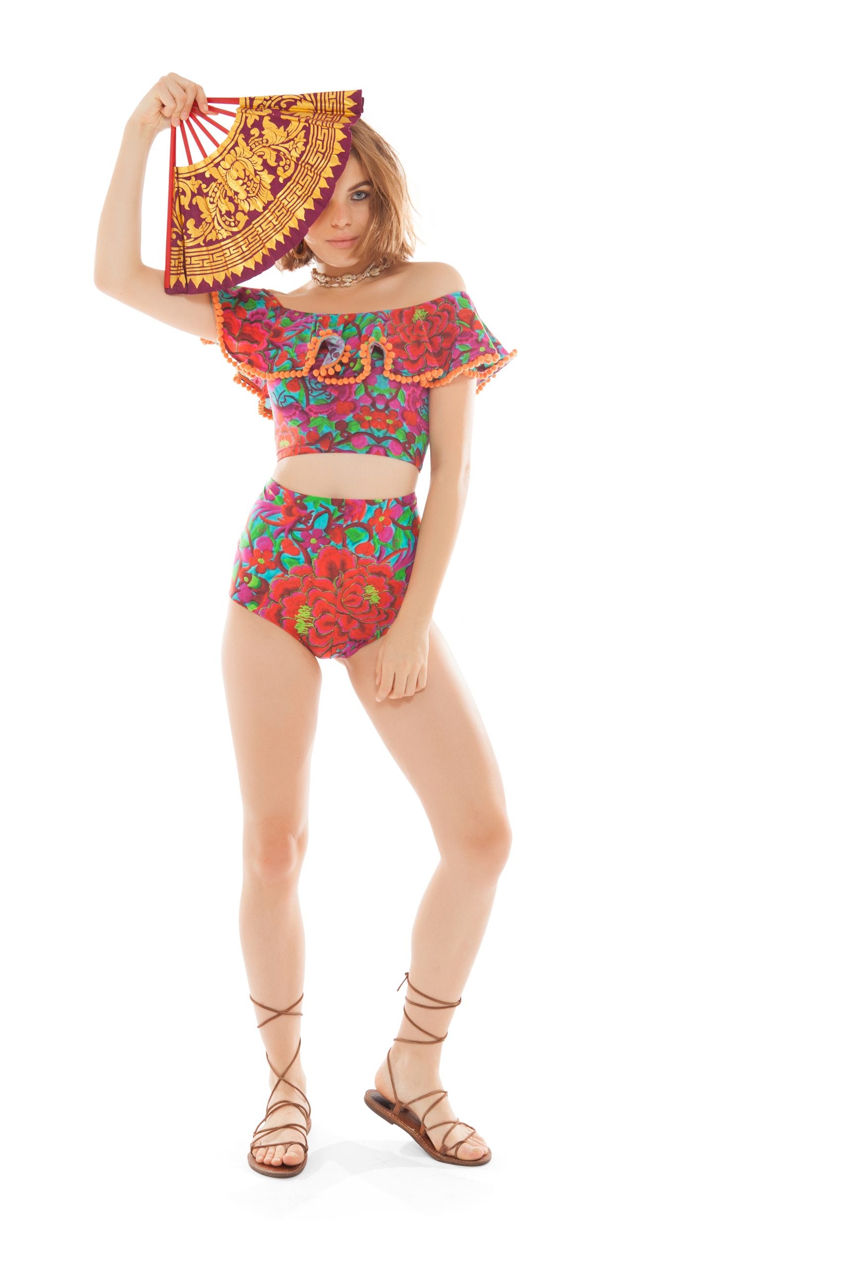 Folklorico Orange Pompom Crop Top | Festivalia