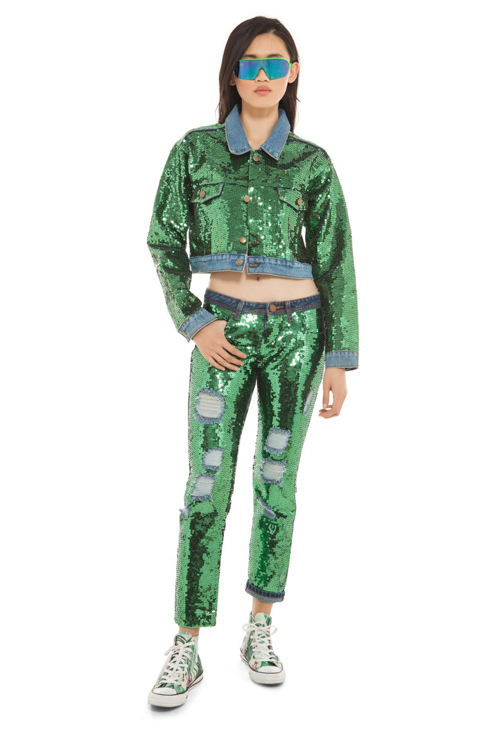 Green Sequin Denim Jacket | Festivalia