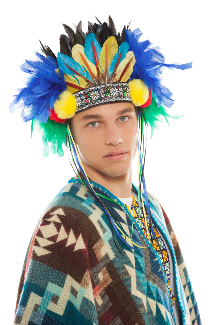 Men's Blue and Green Feather Headpiece with Yellow and Red Pompoms | Festivalia