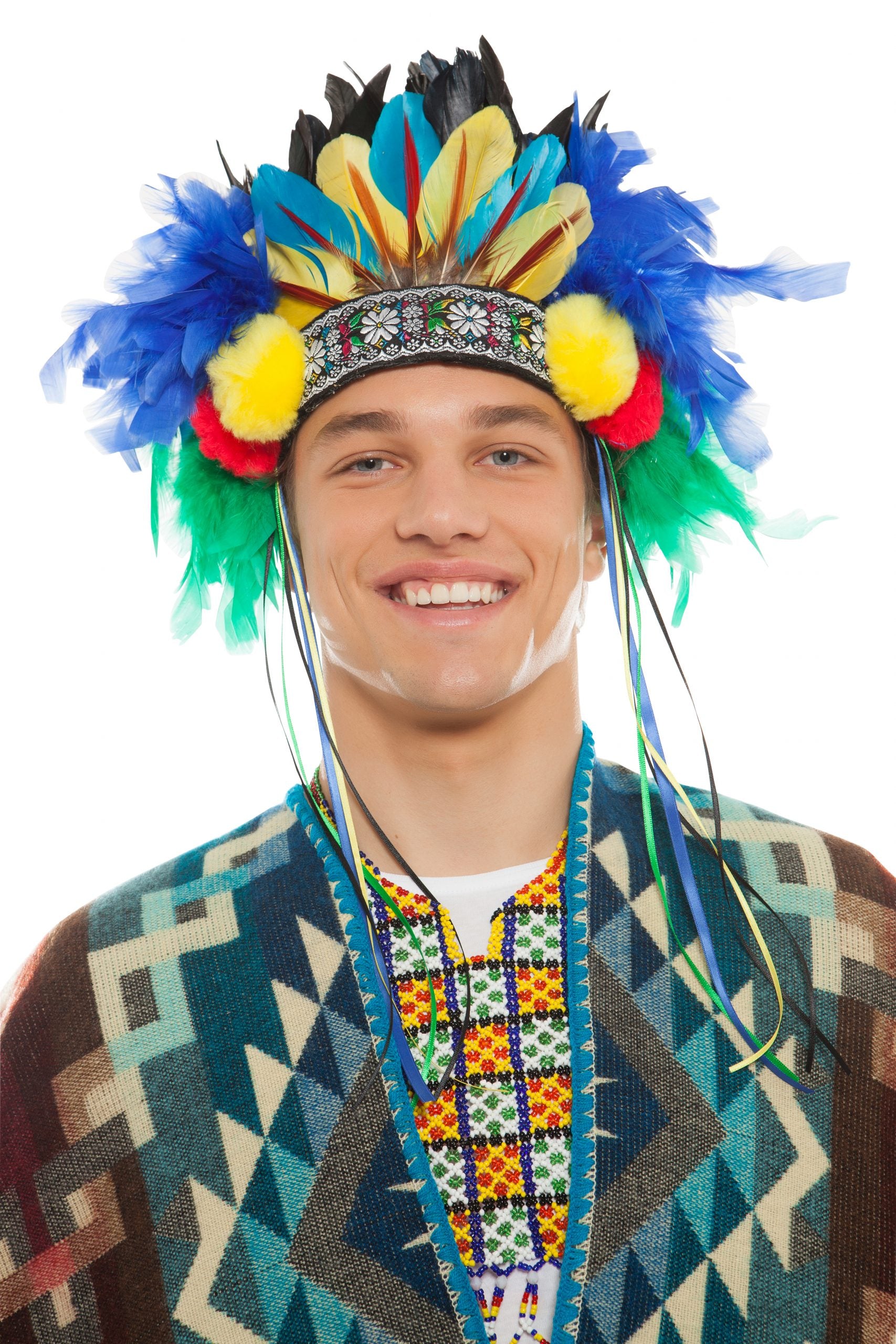 Men's Blue and Green Feather Headpiece with Yellow and Red Pompoms | Festivalia