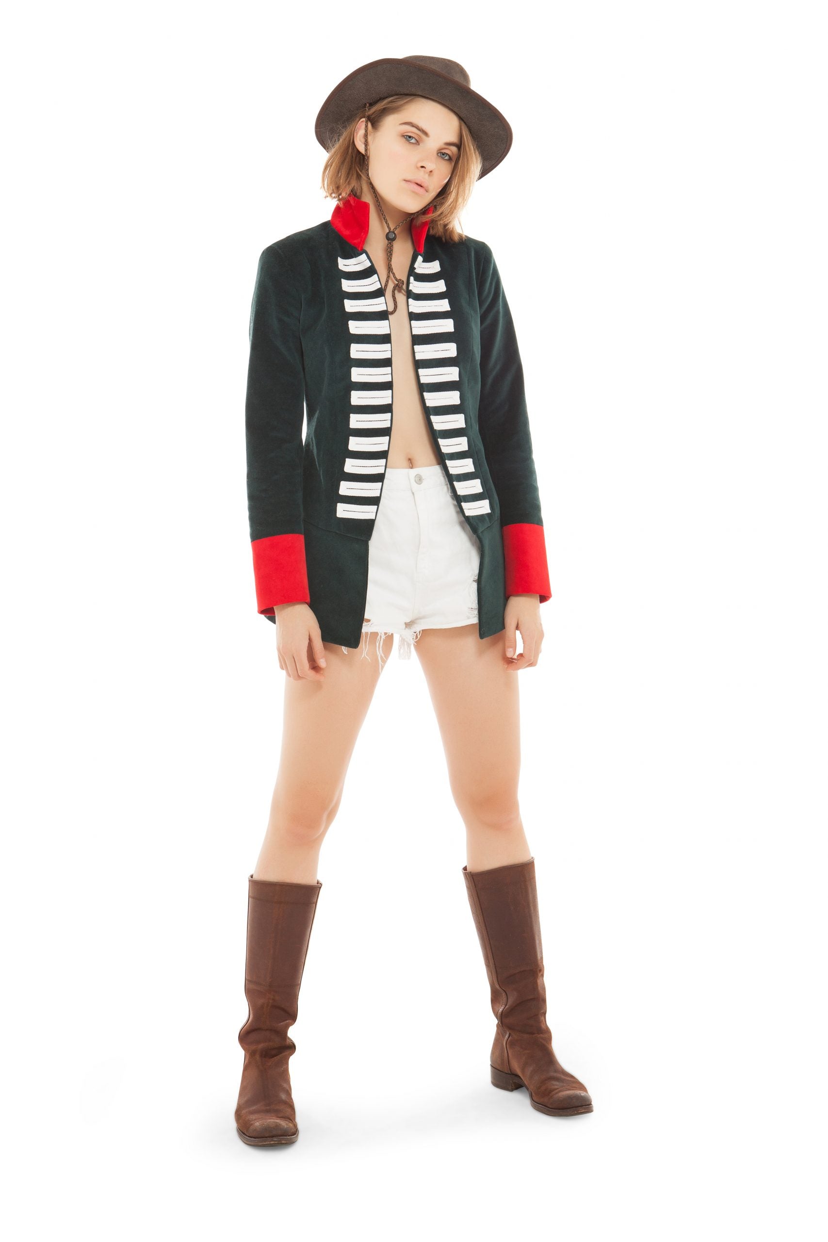 Hunter Green Velvet Jacket with Red Collar and Silver Taping | Festivalia