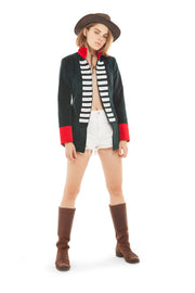 Hunter Green Velvet Jacket with Red Collar and Silver Taping | Thumbnail 1